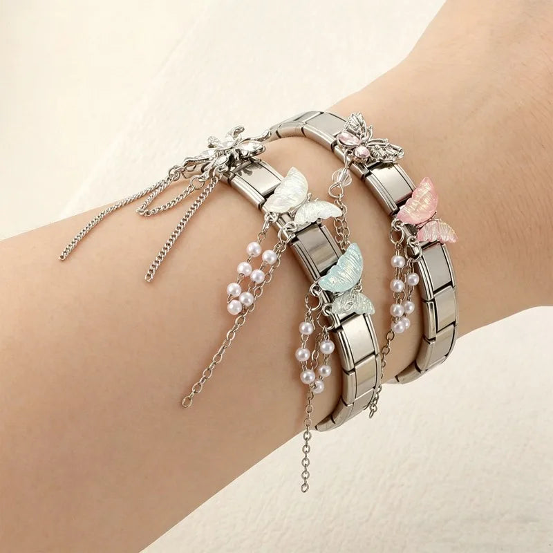 Women Men New Colorful Butterfly Zircon Long Pearl Tassel Chain Italian Charms Fit 9mm Stainless Steel Bracelet DIY Jewelry Gift Qme