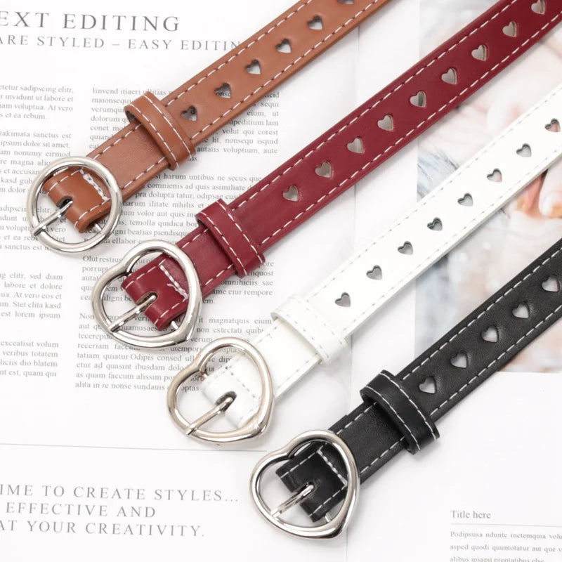 Women PU Leather Belt Hollow Out Loving Heart Ladies Waist Qme