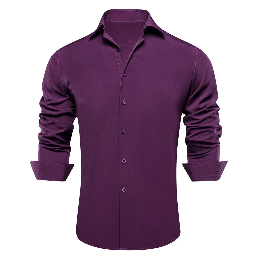 Hi-tie Jacquard Solid Black Purple Mens Silk Shirt Long Sleeve Lapel
