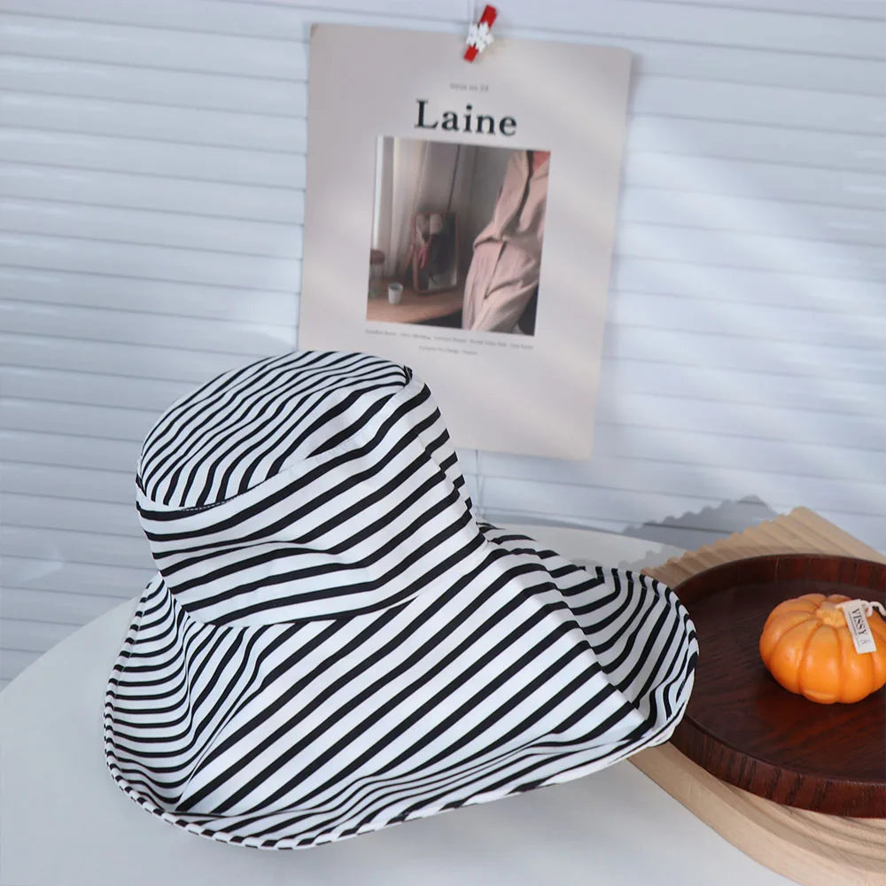 Simple Striped Bucket Hat Widened Brim Sunshade Foldable Beach Sun Cap Lightweight Cloth Roll Edge Fisherman Hat Vacation Qme