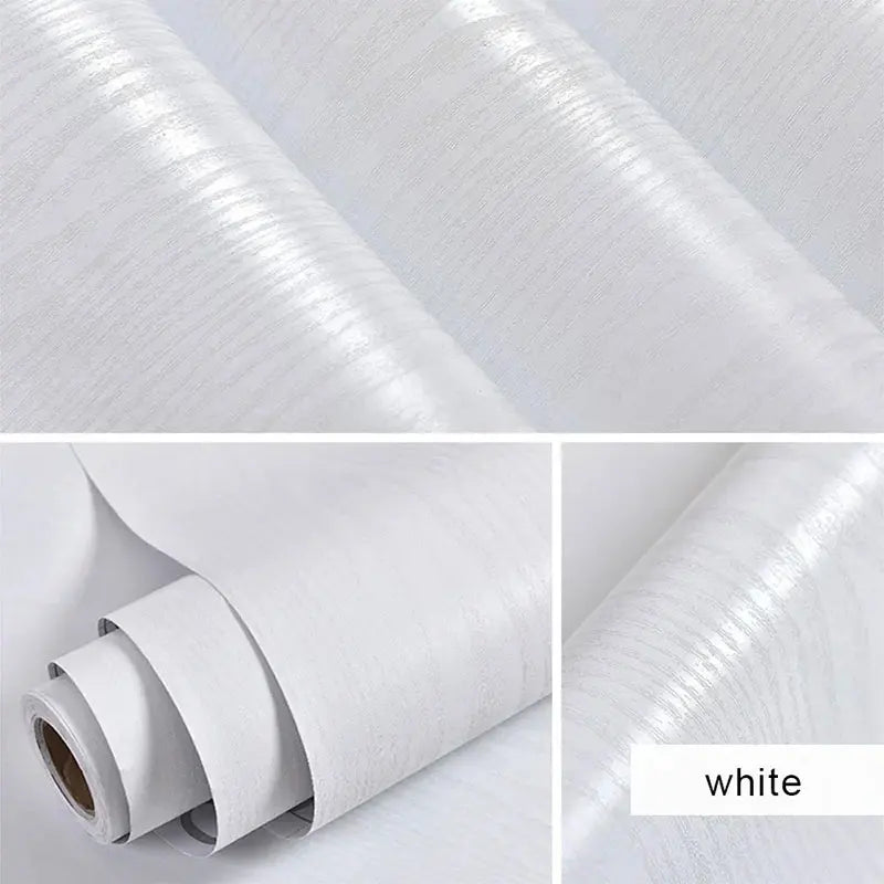 Self-Adhesive Wallpaper Wardrobe Waterproof Vinyl Solid Color Wood Grain Bedroom Cabinet Furniture Door Renovation Wall Sticker Qme