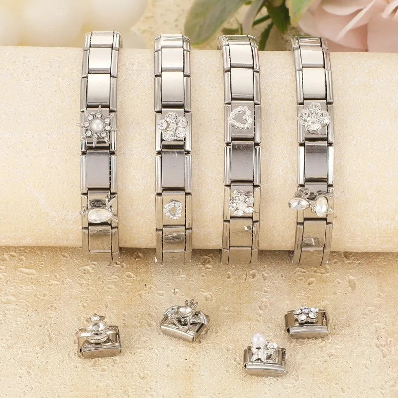 Fashion Love Heart Demon Wing Lovely Cat Elk Bowknot Shiny CZ Italian Links Charm Fit 9mm Stainless Steel Bracelet Making Gifts Qme