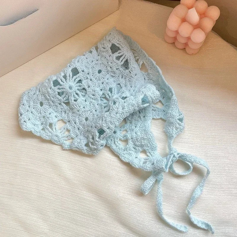 Fashion Knitted Headscarf Hat French Pastoral Style Triangle Headband Knitted Headband Silk Scarf High-end Hair Accessories Qme BU Size fits all