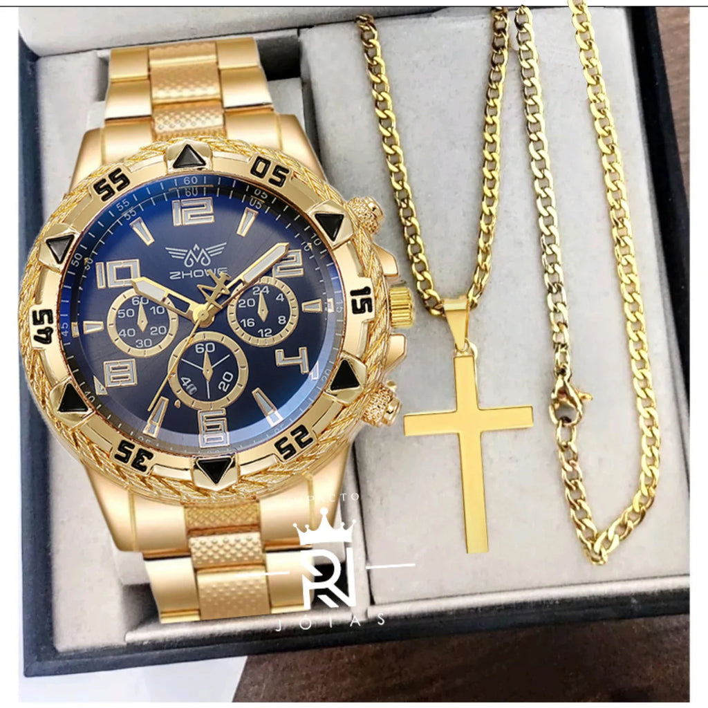 Men's Watch Set + Necklace with Cross Fashion Casual Stainless Steel Three-dial Quartz Watch Fathers Day Graduation Gift Set Qme