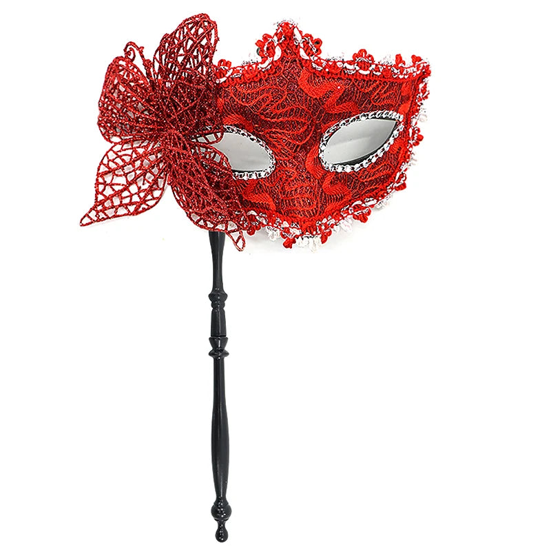 Halloween Party Mask With Holding Stick Evening Prom Masquerade Mask Stage Cosplay Props Half Face Masks For Women Qme Red