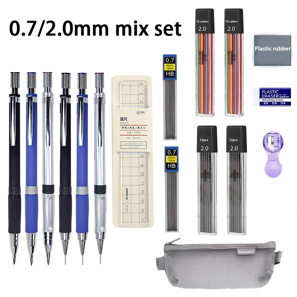 0.5/0.7/2.0mm Mechanical Pencil Set Lead Refills Kneadable Eraser Ruler Sharpener Sketch Drawing Artist Stationery Kit Qme 0.7-2.0mm mix set