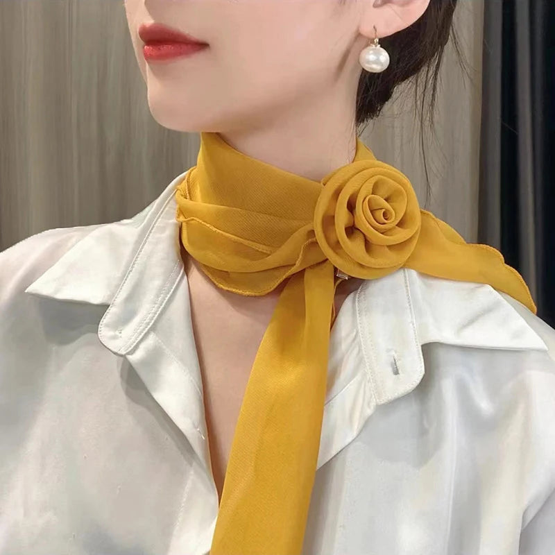 Versatile Rose Design Silk Scarf Soft Neckerchief Girls Women Long Qme Yellow
