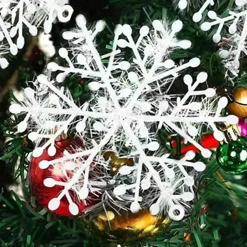 Christmas Plastic White Snowflakes Ornaments Xmas Tree Hanging Pendant Artificial Glitter Snow Flake Home DIY Wreath Decoration Qme