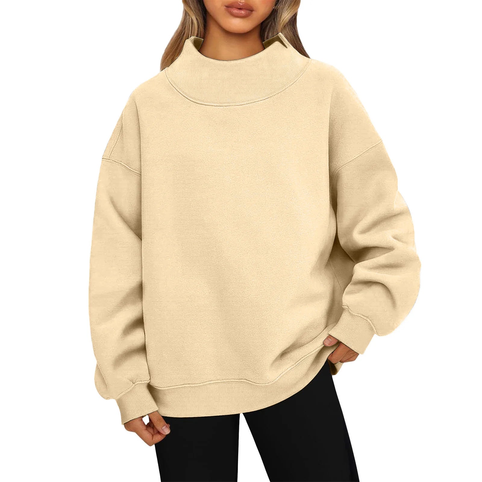 Fashionable Loose High Neck Long Sleeved Solid Color Hoodie for Lady Lazy Style Basic Casual Commuted Pullover Top Qme Beige S