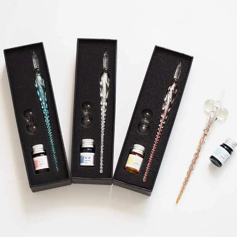 Crystal Glass Dipping Pen Box Colorful Gold Powder Ink Signature Qme