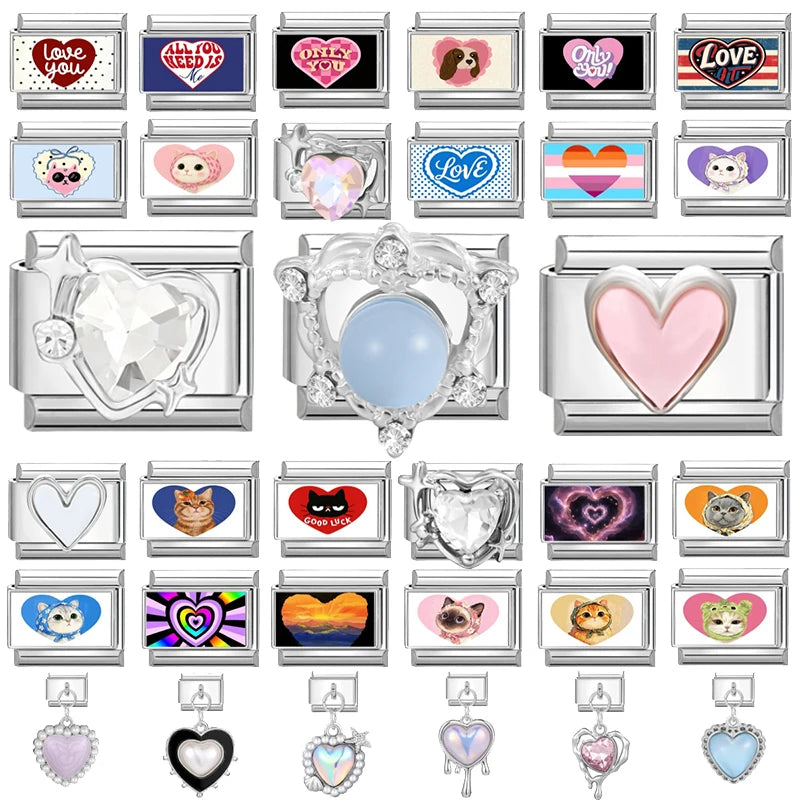 2026 New Women Romantic Heart Shiny CZ Heart Pattern Italian Charm Links Fit 9mm Bracelet Stainless Steel DIY Making Jewelry Qme