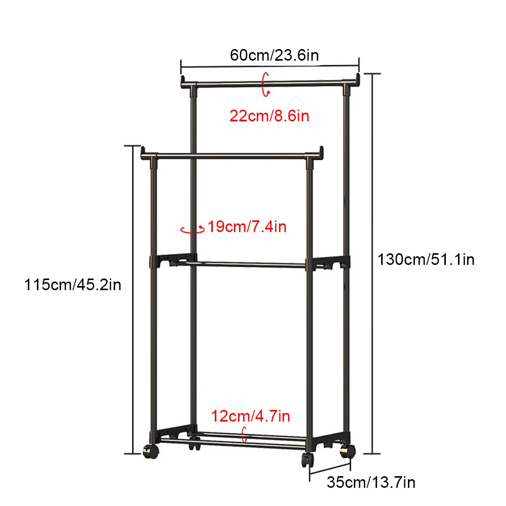 Double Rods Garment Rack Portable Clothes Organizer Clothes Rack with Wheels Clothes Hanging Rack for Shirt Coat Qme