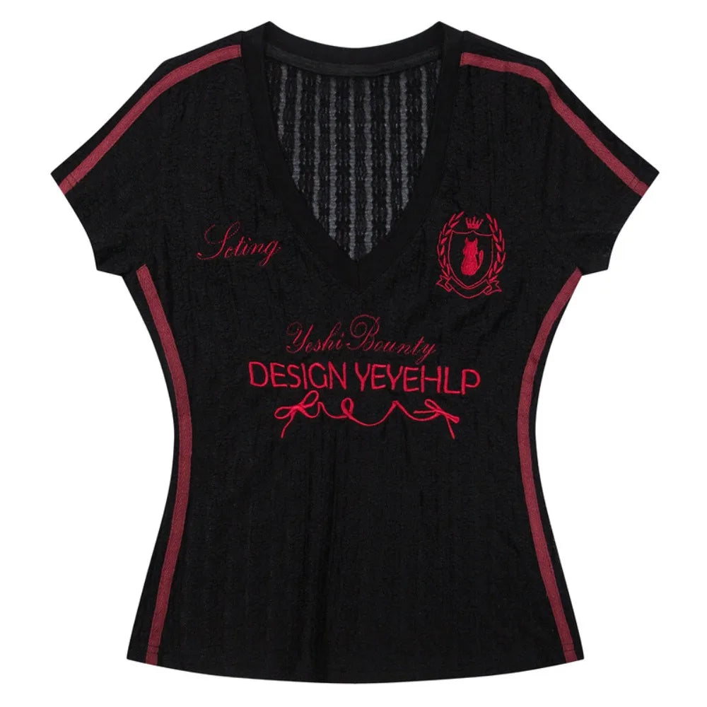 Micro Transparent V-neck T-shirt Short Sleeved Slim Fit Letter Qme Black M