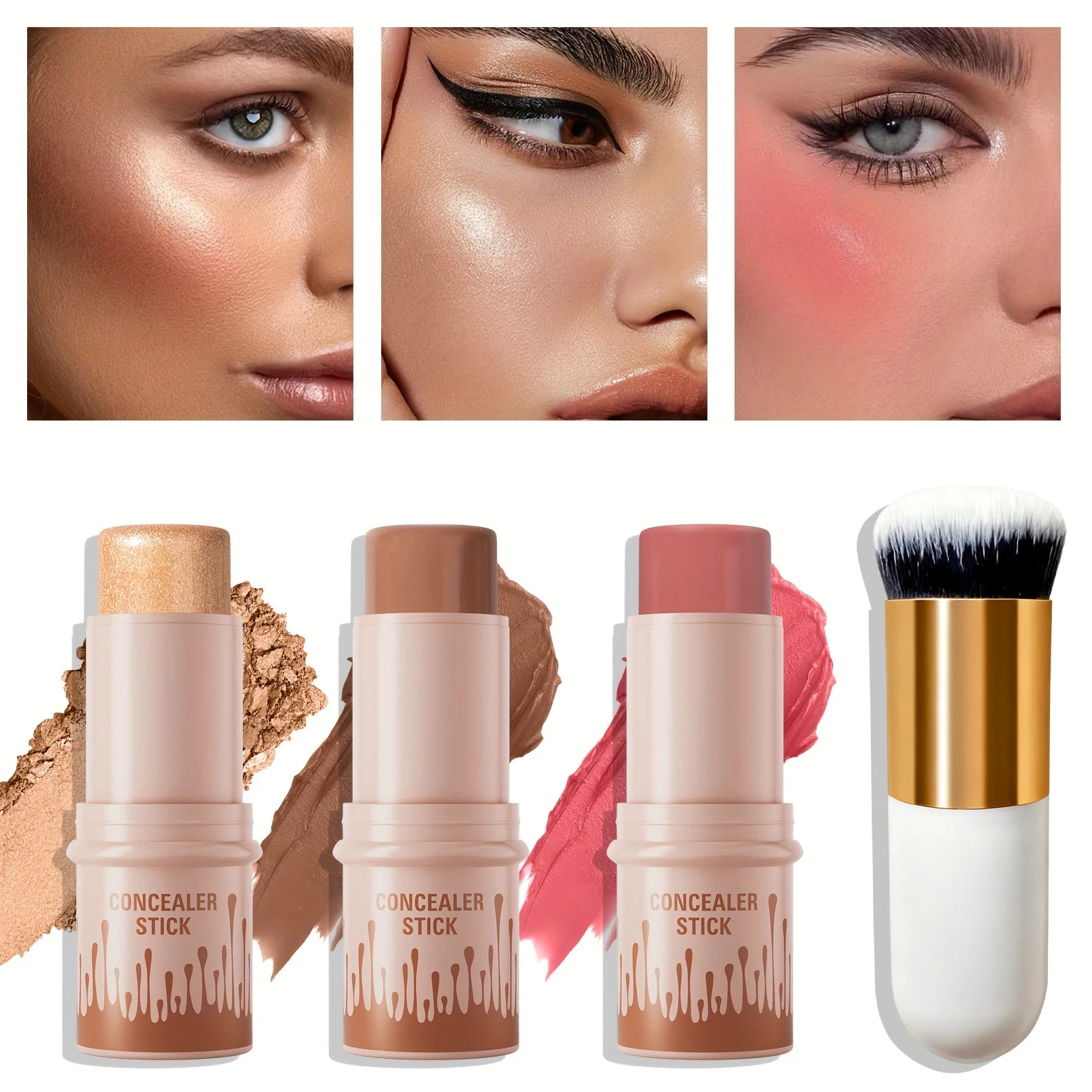 4pcs Set of Contour Stick, Highlight Stick, Blush Stick, Contour Brush, Shapes the Face Contour, Non-Greasy, Waterproof Qme