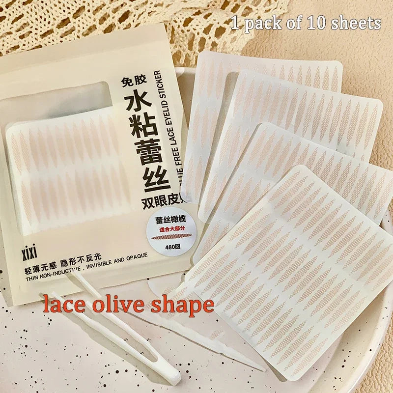 10 sheets Eyelid Sticker Invisible Double Eyelid Tape Lace/Mesh Type Self Adhesive Double Eye Tape Stickers Eye Makeup Tools Qme Lace olive shape