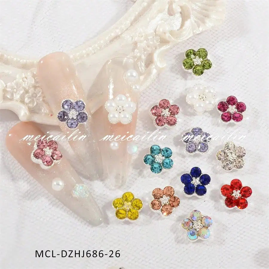 3D Glitter Rhinestones Crystal Flower Nail Art Charms Colorful Cherry Qme silvery 20pcs
