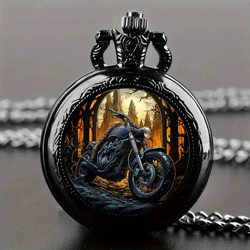 Vintage black motorcycle quartz pocket watch, necklace pendant with world time function Qme black