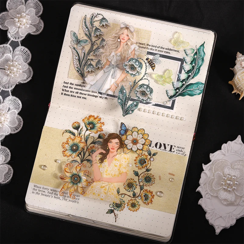 Vintage Imitation Embroidery Floral Die-cut Stickers, Decorative Collage Supplies forJunk Journals & Photo Frames Qme