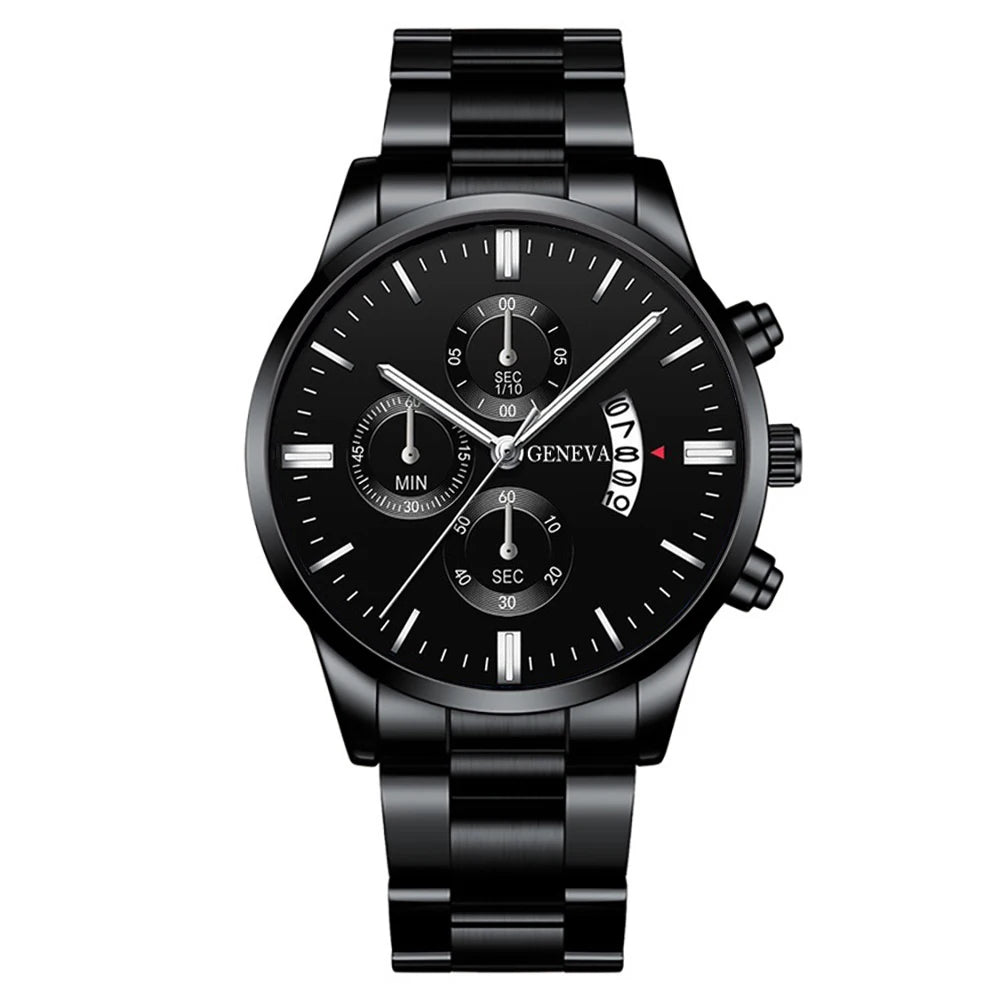 Classic Silver Tone Male Accessory Kit, Analog Chronograph Steel Band Watch with Thick Cuban Link Bracelet Cross Pendant Necklac Qme