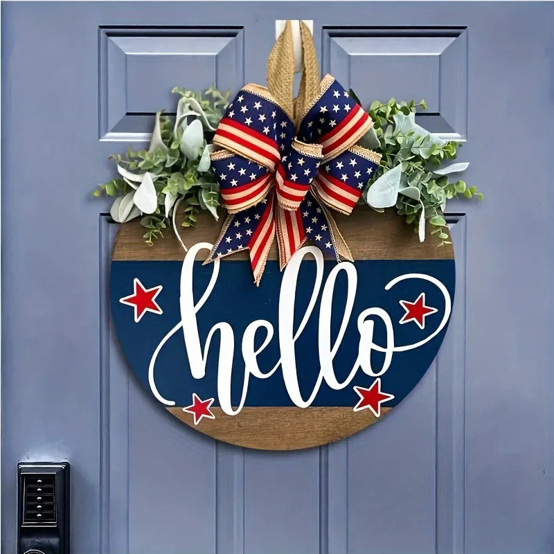 Independence Day Hello Door Wreath Front Hanging Sign US Festival Qme