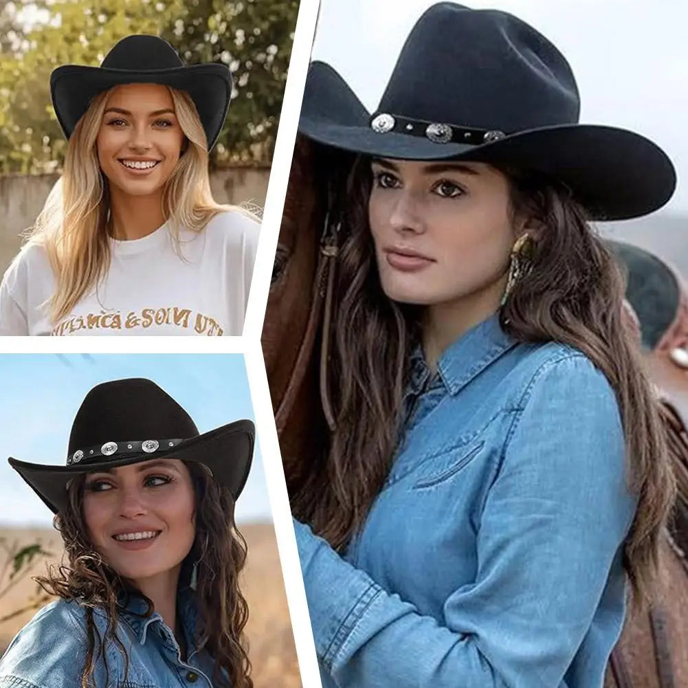 NEW Fashion Black Western Cowboy Classic Comfortable Roll Up Brim Belt Buckle Cowgirl Fedora Cowgirl Sombrero Hat Decoration Qme
