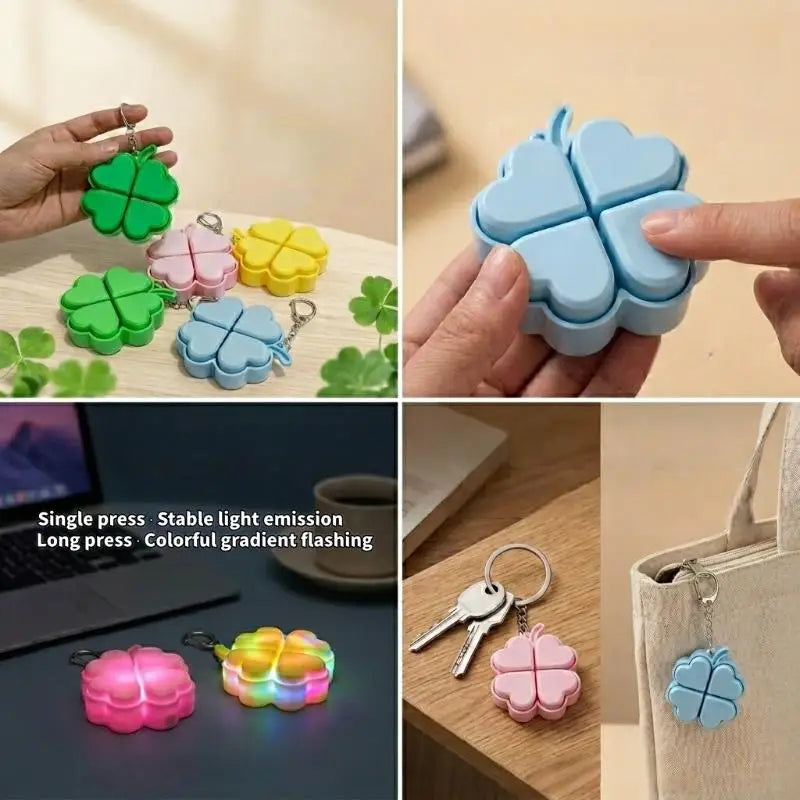 Lucky Four-leaf Clover LED Light Up Keychain Clickable Buttons Stress Qme