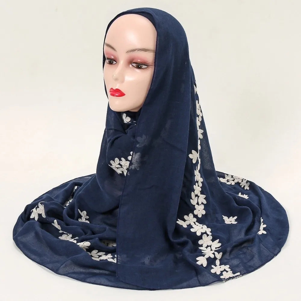 Floral Pattern Embroidered Hijab Breathable Lightweight Thin Fabric Shawl Soft Edged Gentle Ethnic Long Foulard Casual Stole Qme