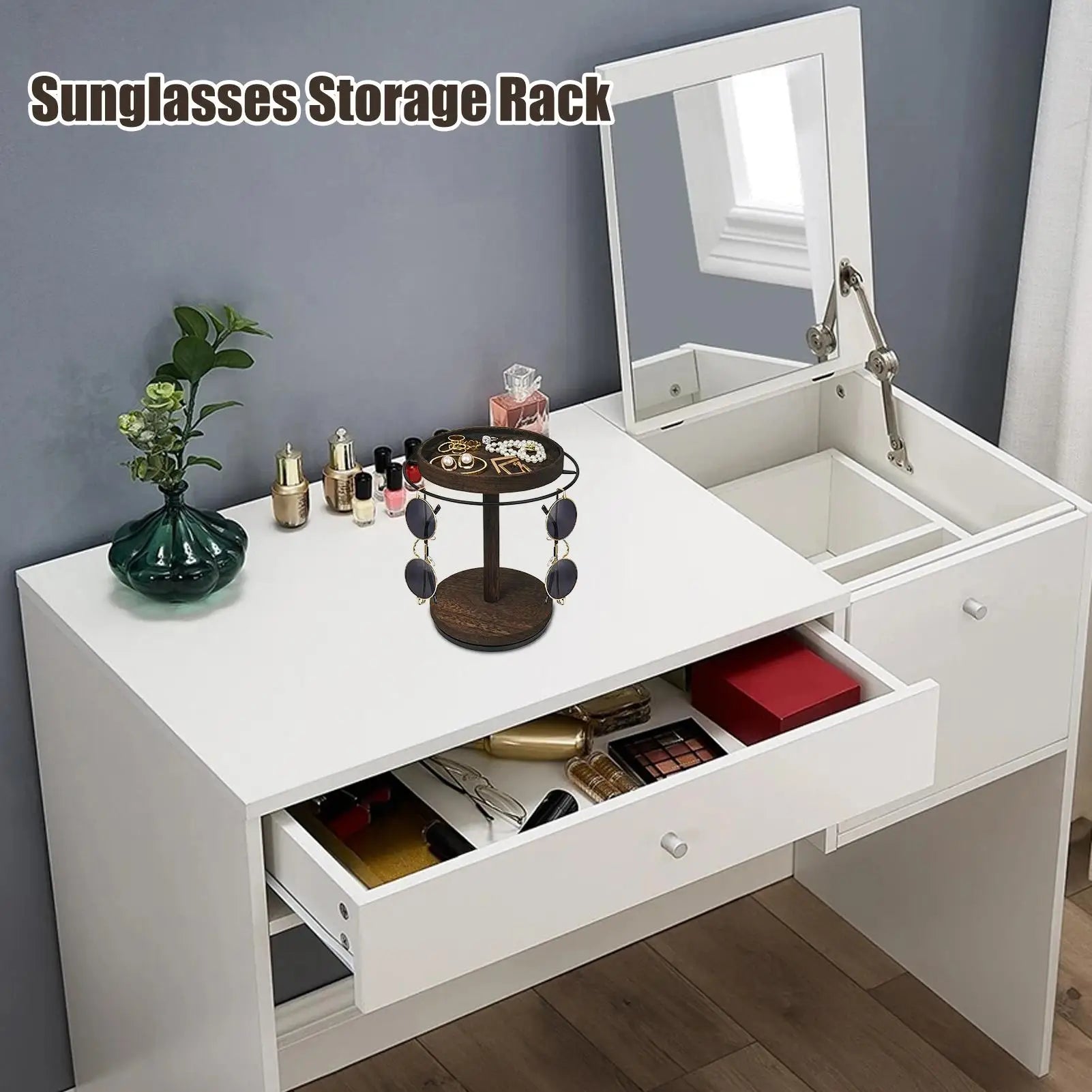 Glasses Holder 360 Degree Rotating Organizer Tray Base Wooden Qme