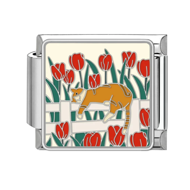 Fashion Colorful Cat Tulip Daisy Flowers Heart Charm Italian Links