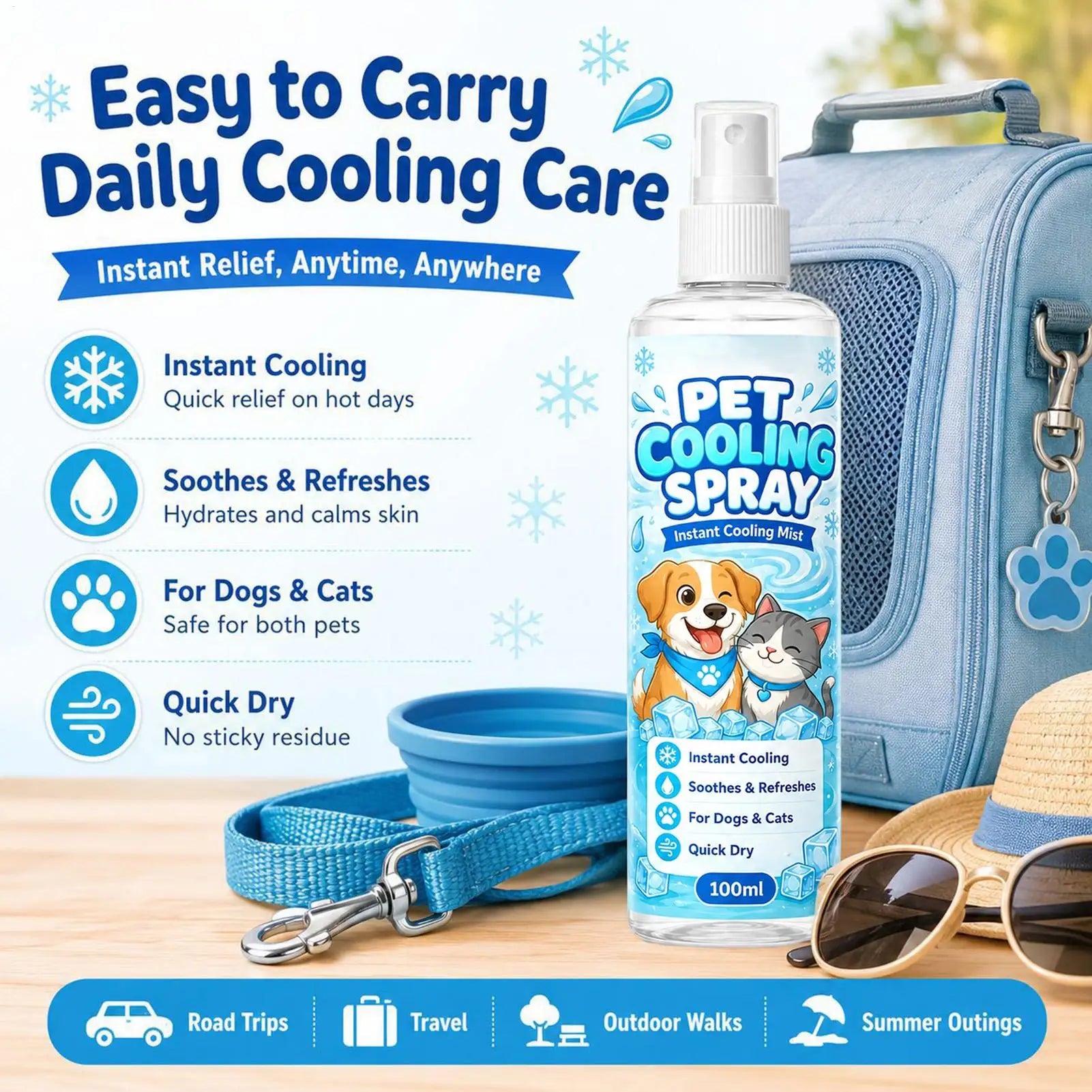 Dog Refreshing Cooling Spray 100ml Instant Gentle Refreshing Mist Hot Weather Cool Down Spray for Walking Playtime Home Daily Qme