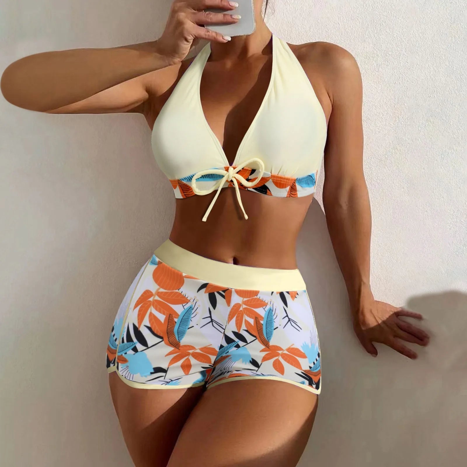 Women's Paneled Printed Swimsuit Ladies Fashion Sexy Split Boxer High Waist Swimsuit Two-Piece Set V-Neck Bathing Suits Female Qme