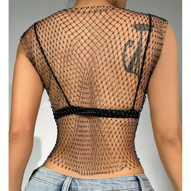 Sexy Women Shiny Rhinestone Fishnet Y2K Tank Crop Tops See Through Qme