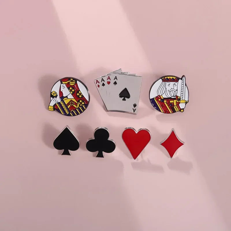 Creative Playing Cards Poker Brooch Enamel Pin Red Heart Spades King Queen Brooches Lapel Badge Funny Jewelry Wholesale Qme