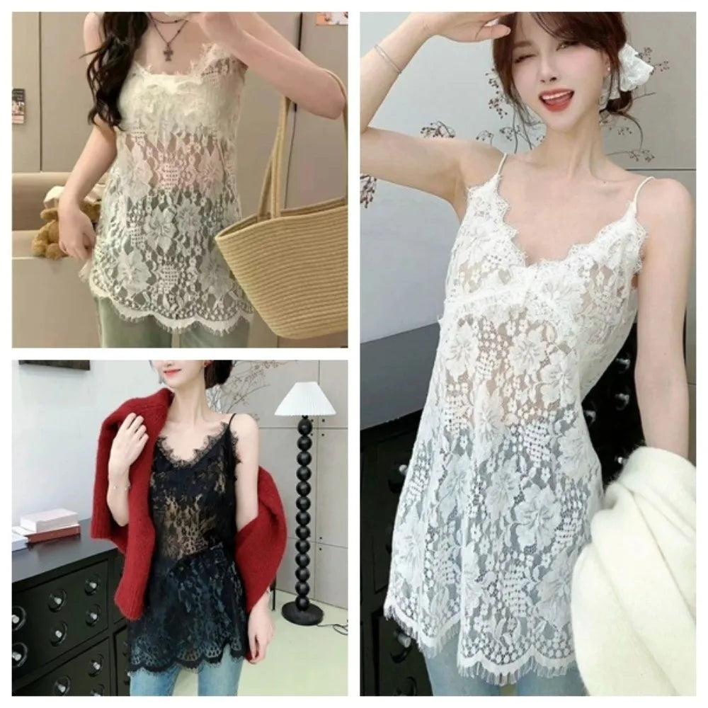 Elegant Beach Wear Lace Camisole Skirt Sweet Loose Lace-edged Summer Qme