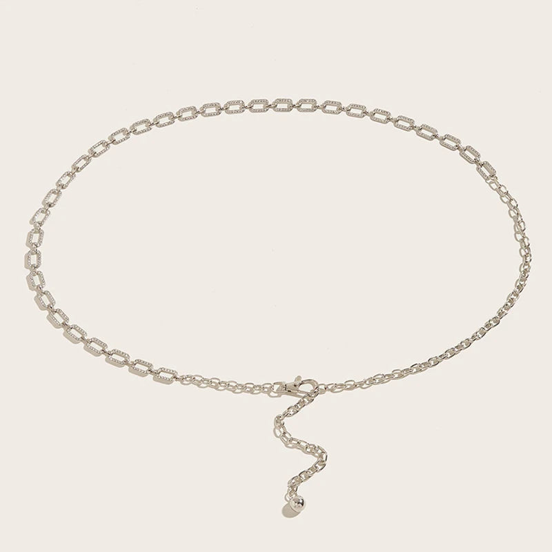 Fashion Women's Rhinestone Belt Metal Slim Waist Chain Versatile Qme Silver