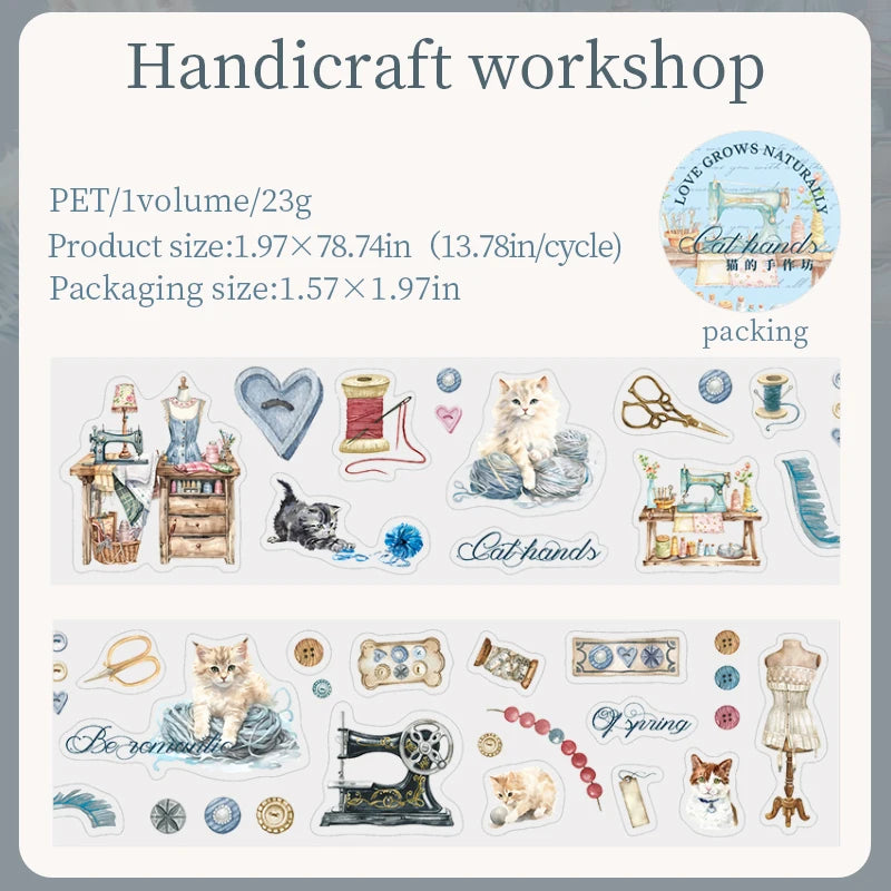 PET Material Tape Maker Cat Hand Workshop Series Cute Cat Coffee Bread Floral Pattern DIY Decorative for Phone Case Computer Cup Qme 1