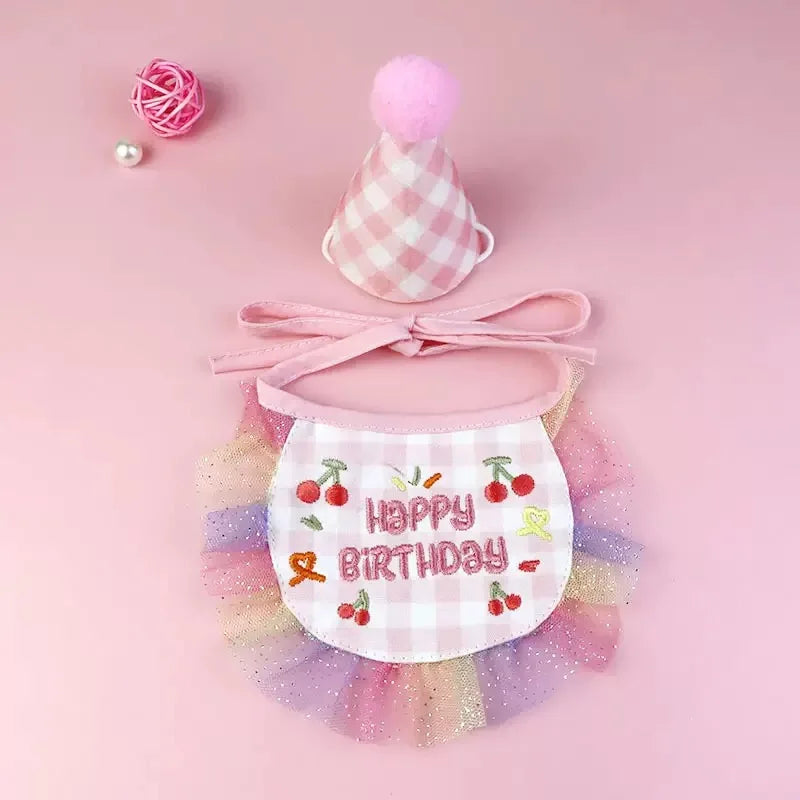 2-piece Pet Birthday Hat Scarf Set - Cute Embroidered Cat Headscarf - Checkered Pattern Lace Scarf Pet Party Supplies Decoration Qme Pink