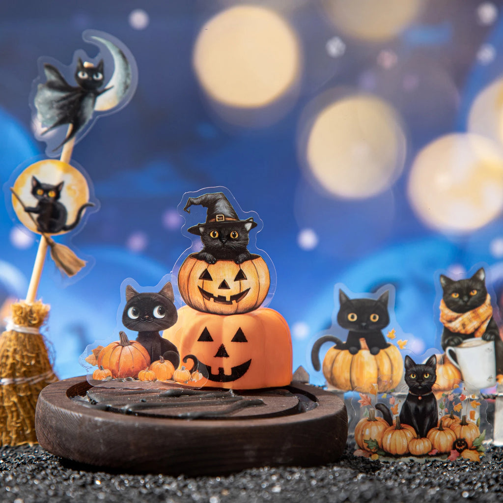 Halloween Cat Pumpkin Stickers 20 Sheets PET Waterproof DIY Scrapbook Journal Laptop Phone Case Decoration for Kids Adults Qme