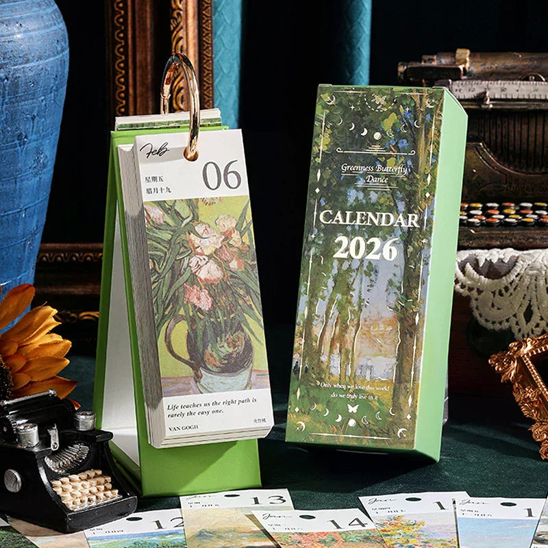 2026 Desk Calendar Vintage Oil Painting Inspirational Quotes One-way Qme
