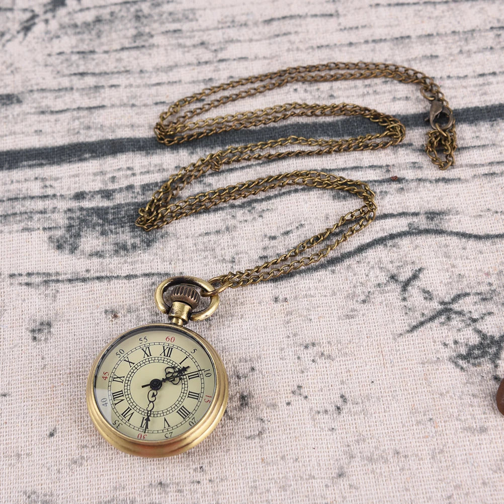 Simple Vintage Style Steampunk Beige Dial Roman Numbers Small Pocket Watch Necklace Pendant Qme