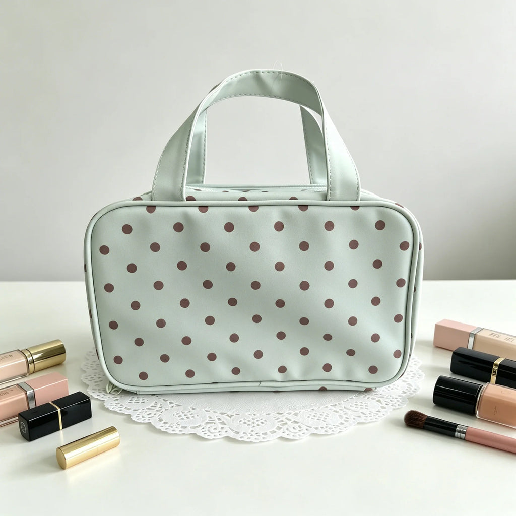 Korean Mint Green Polka Dot Synthetic Leather Makeup Bag Large Qme mint green