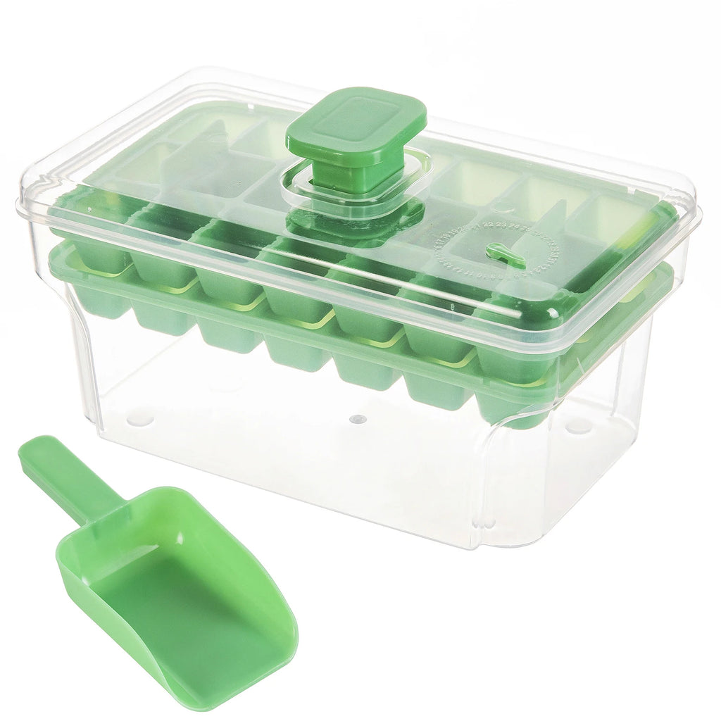 Double-layer 68-grid Push-type Deicing Ice Cube Tray with Storage Box Portable Ice Box with Ice Shovel Household Ice Making Set Qme Green