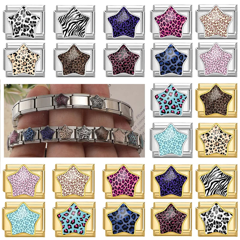 3D Inlay Stars Cute Zebra Stripe Stars Pink Blue Leopard Print Italian Charm Links Fit 9mm Stainless Steel Bracelet DIY Making Qme
