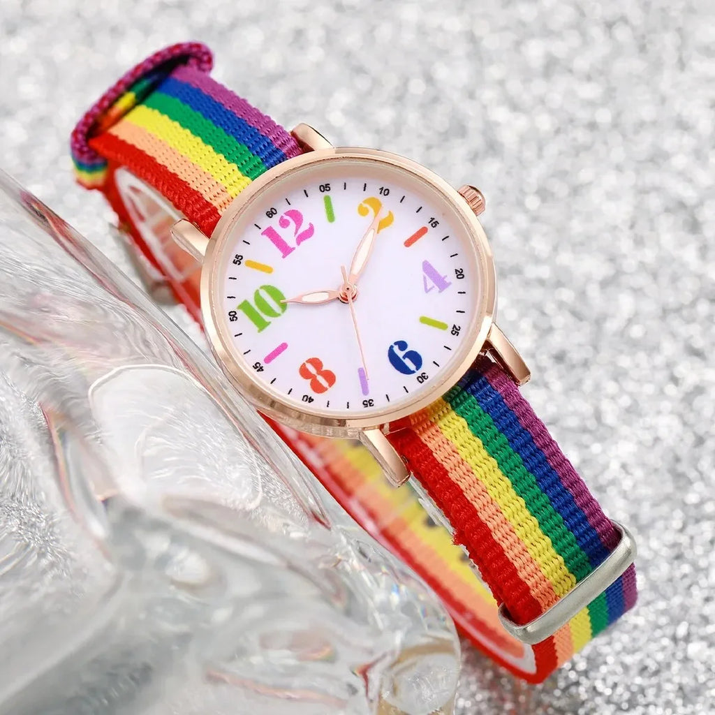 Pride Day Rainbow Watch Bracelet Set For Women Girls Colorful Large Number Dial Nylon Strap Quartz Wrist Watch Student Casual Gi Qme