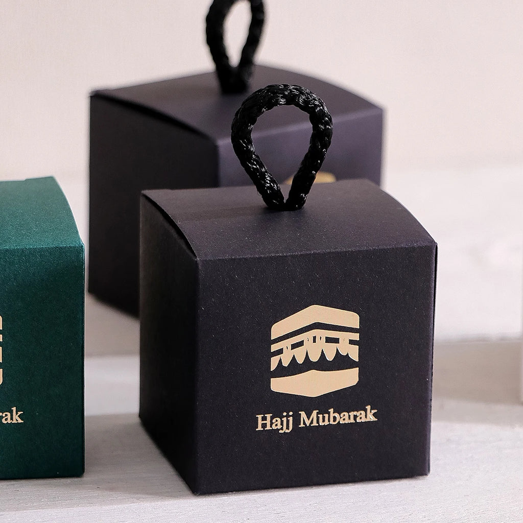5-Pack Hajj Mubarak Sweets Gift Boxes - Elegant Small Gift Box with Gold Foil“Hajj Mubarak” - Black Paper Gift Box with Gold an Qme