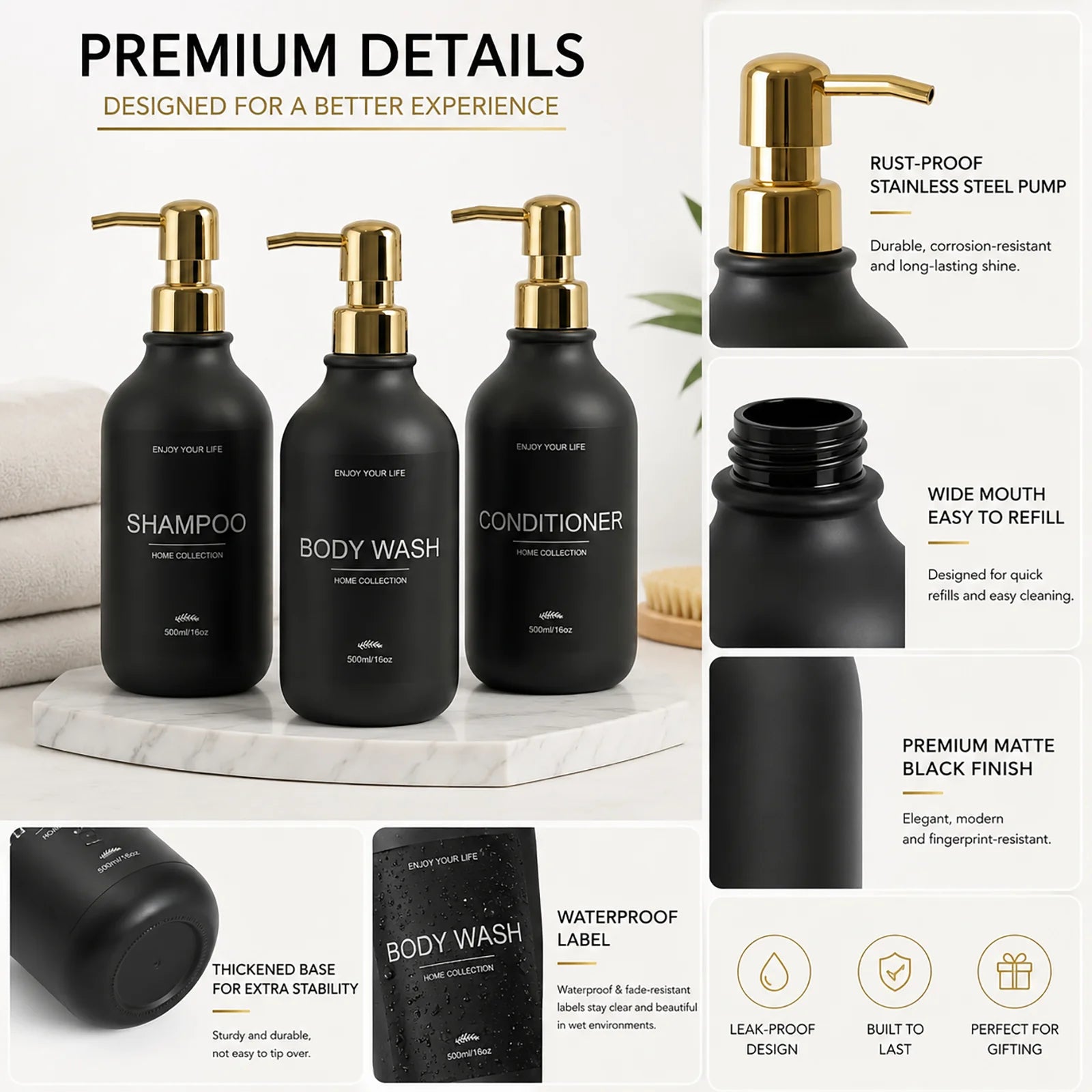 Matte Black Shower Dispenser Bottles Plastic Shampoo Conditioner Body Wash Pump Bottles with Gold for Bathroom Vanity Shower Qme