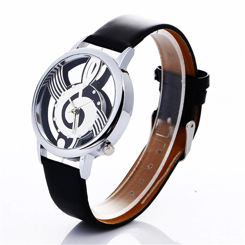 Hollow Out Dial Leather Strap Quartz Watch Clothing Accessories Music Score Casual And Business No Waterproof Ladies Watch Qme as shown No