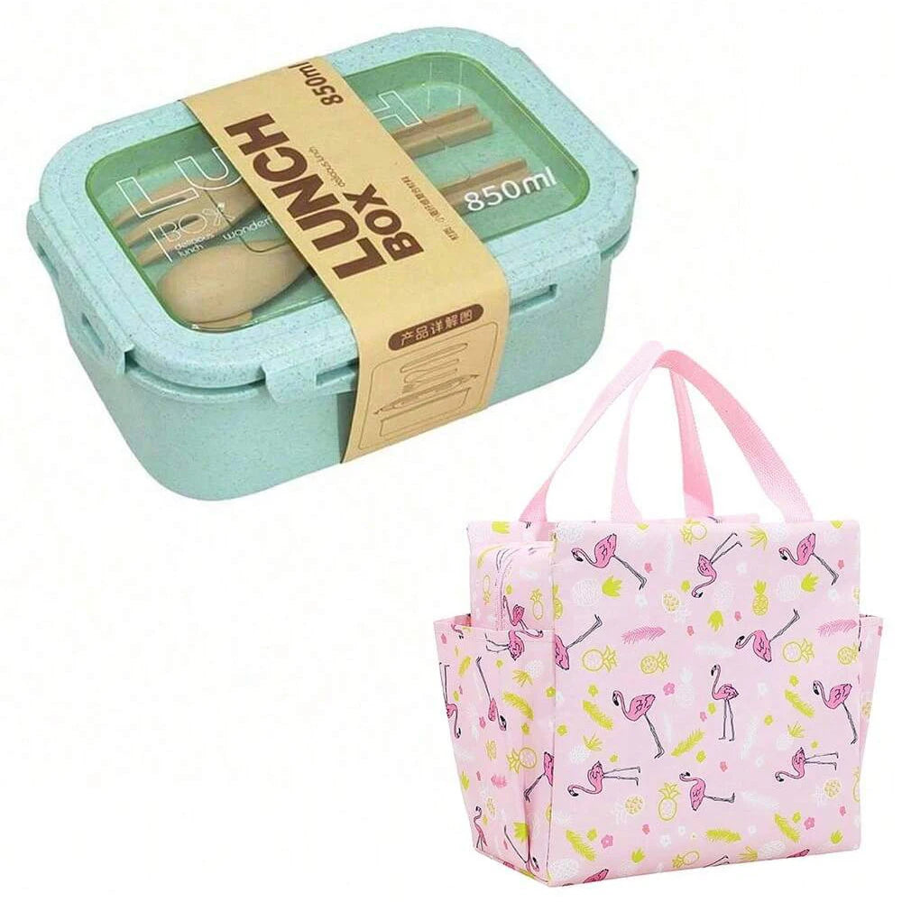 Wheat Straw Lunch Box Bento Students Portable Sealed Compartment Qme Green with bag 2 2|800ml