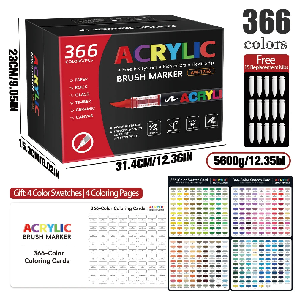 12-366 Colors Acrylic Paint Marker Pens Brush Tip Auto Ink Control Waterproof Quick Dry for Rock Painting DIY Craft Supplies Qme 366 colors