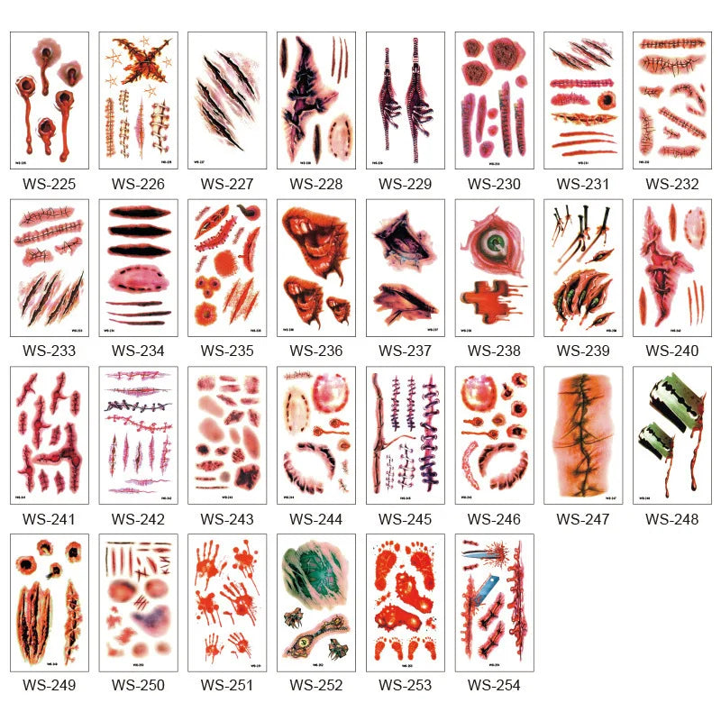 A 6Pieces Horror Wound Temporary Tattoos Waterproof Realistic Blood Tattoo Injury Scar Tattoo Stickers for Face Qme